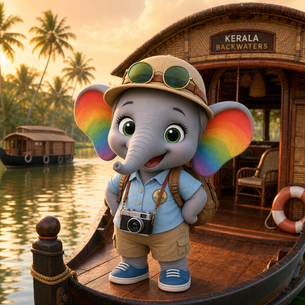 Big Indian Tours mascot — a friendly elephant explorer ready for Kerala