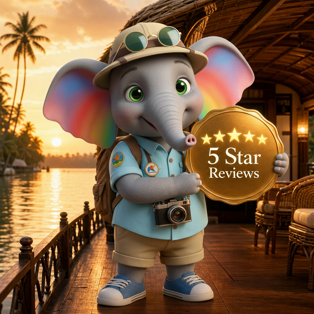 Big Indian Tours mascot holding a 5 Star Reviews badge on a Kerala houseboat