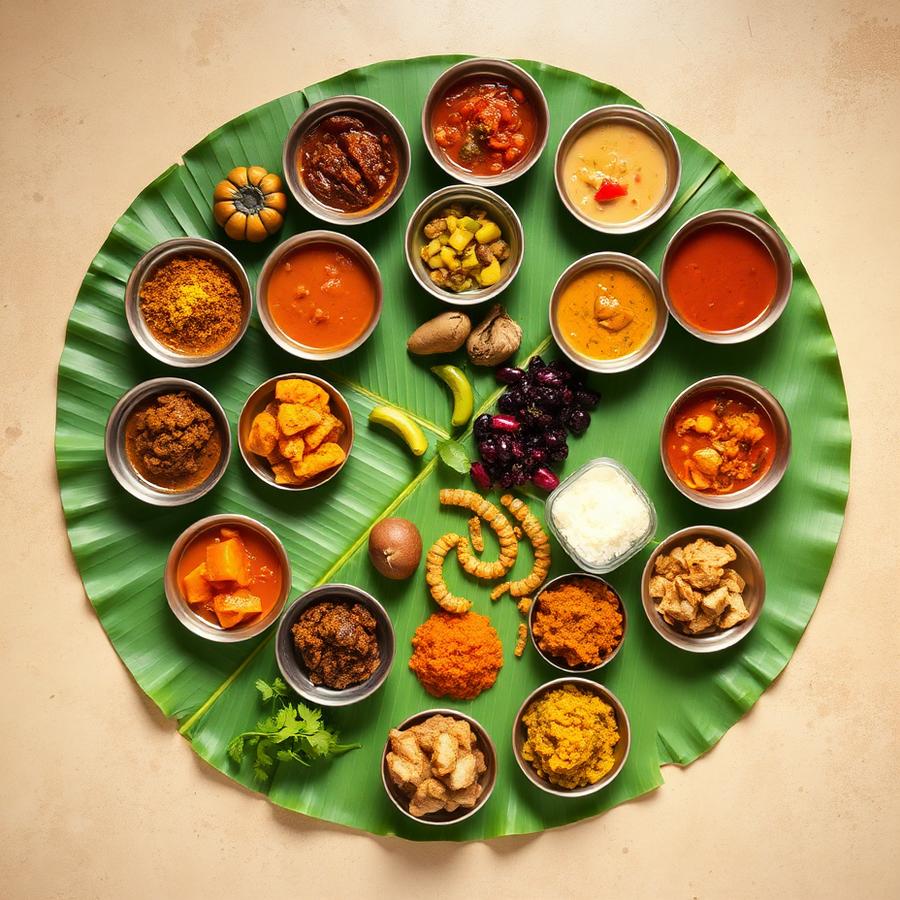 Kerala sadya served on a banana leaf