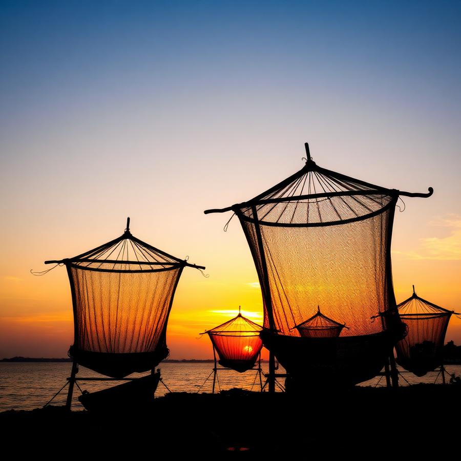 Chinese fishing nets at sunset in Kochi